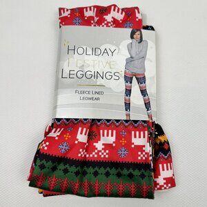 Holiday Festive Womens Leggings Fleece Lined Cozy Christmas Reindeer Size L/XL